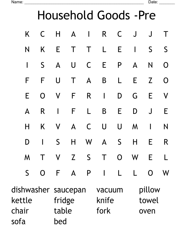 Household Goods Pre Word Search WordMint