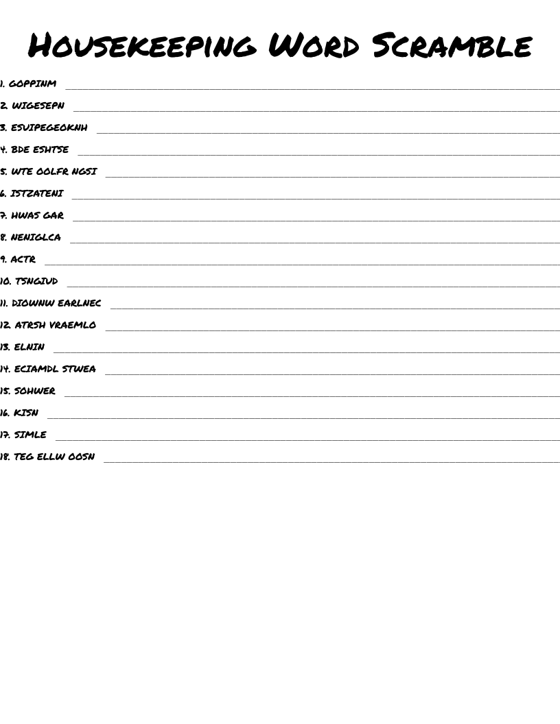 Housekeeping Word Scramble Printable