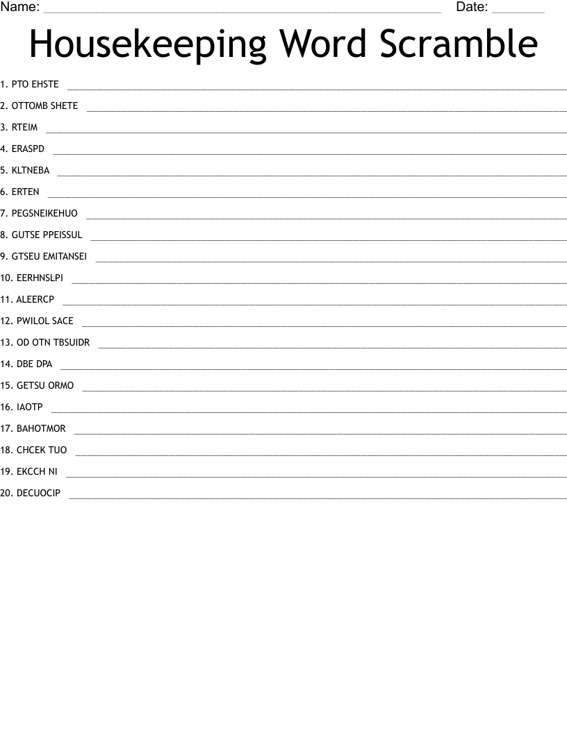 Housekeeping Word Scramble WordMint