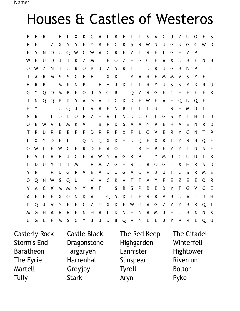 Houses & Castles of Westeros Word Search WordMint