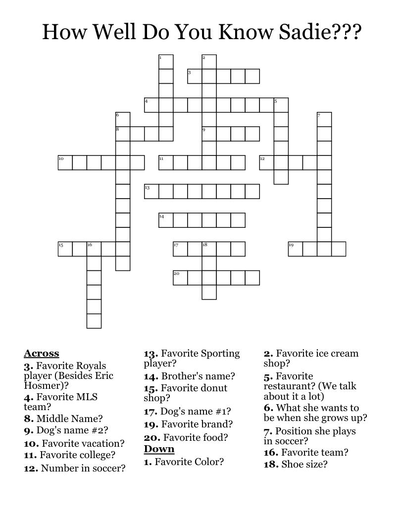 How Well Do You Know Sadie??? Crossword WordMint
