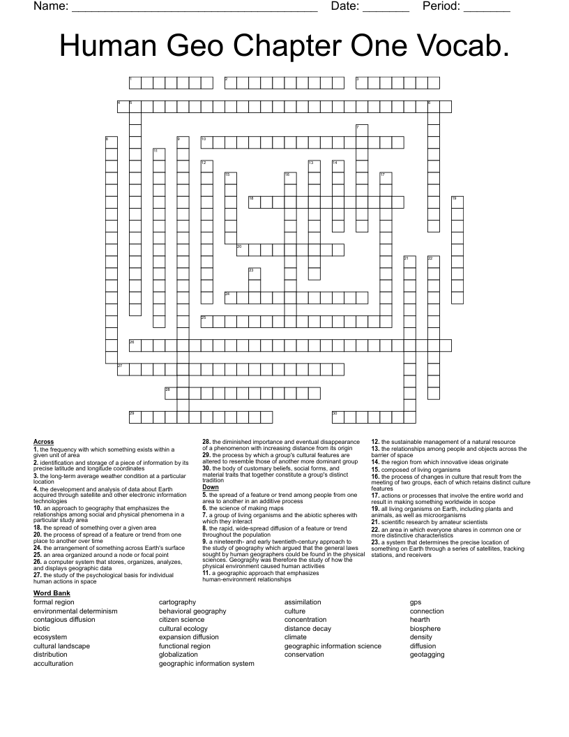 Human Geo Chapter One Vocab. Crossword WordMint