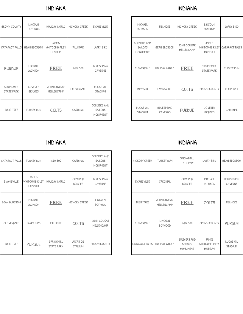 INDIANA Bingo Cards WordMint