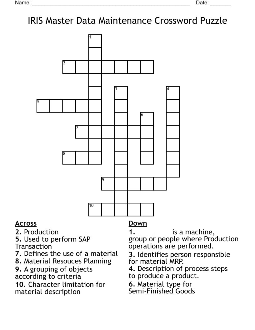 IRIS Master Data Maintenance Crossword Puzzle WordMint