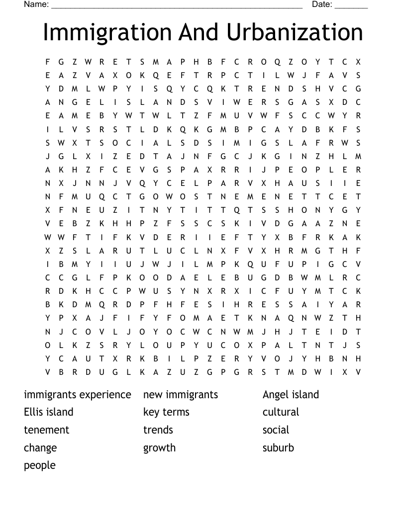 Immigration And Urbanization Word Search WordMint