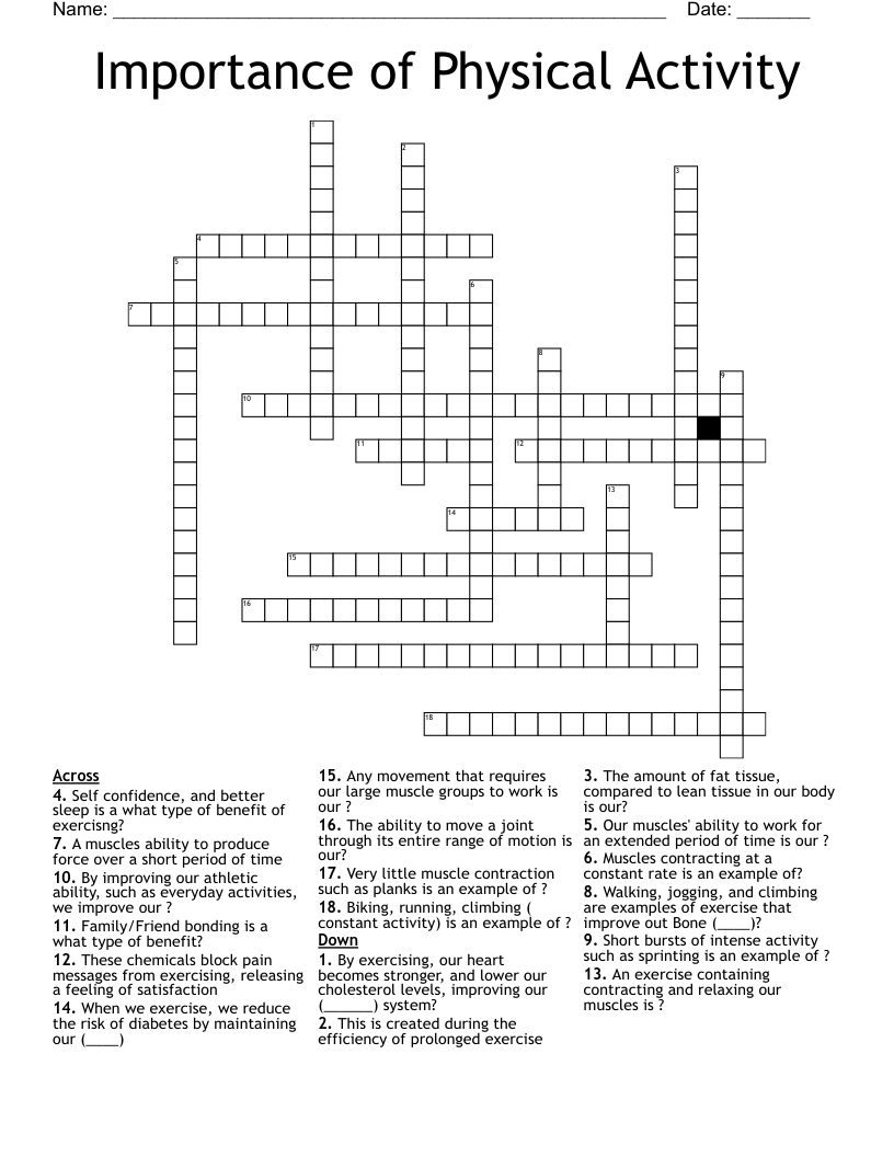 Importance of Physical Activity Crossword WordMint