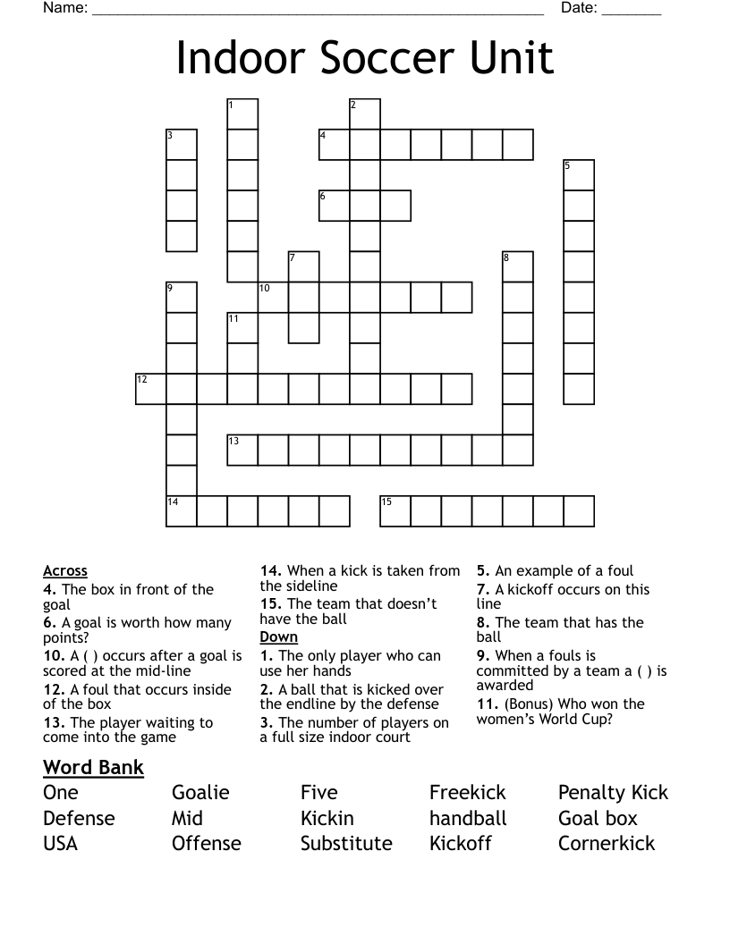 Indoor Soccer Unit Crossword WordMint