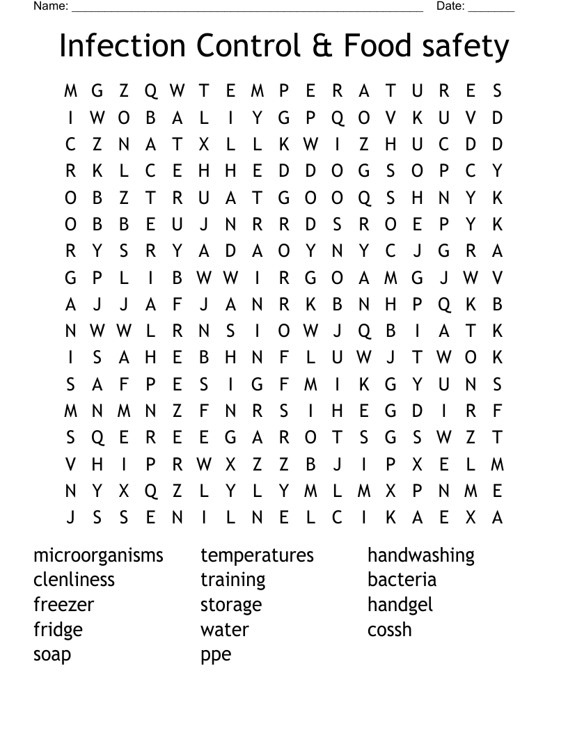 Infection Control & Food safety Word Search WordMint