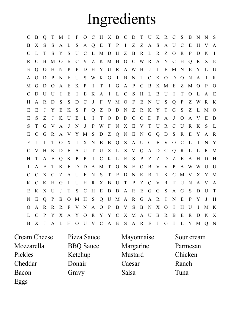 Ingredients Word Search WordMint