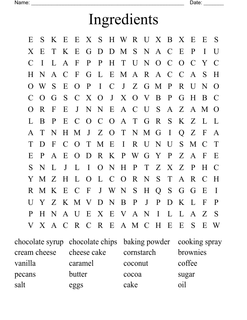 Ingredients Word Search WordMint