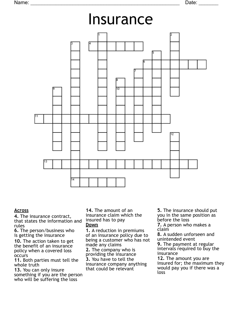 INSURANCE Crossword WordMint