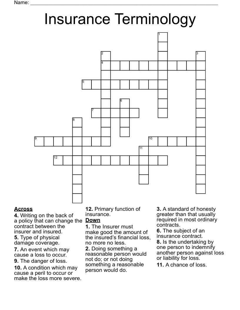 Insurance Crosswords, Word Searches, Bingo Cards WordMint