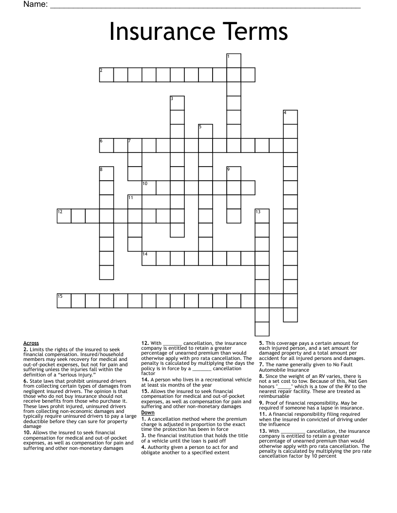 Insurance Terms Crossword WordMint