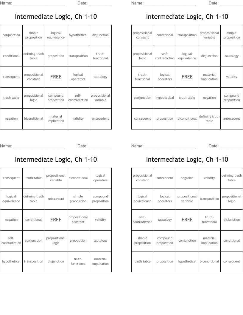 Intermediate Logic Bingo (L. 1 7) WordMint