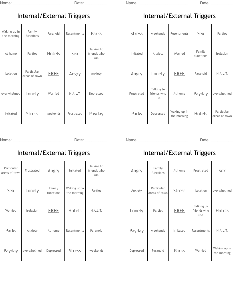 Internal/External Triggers Bingo Cards WordMint