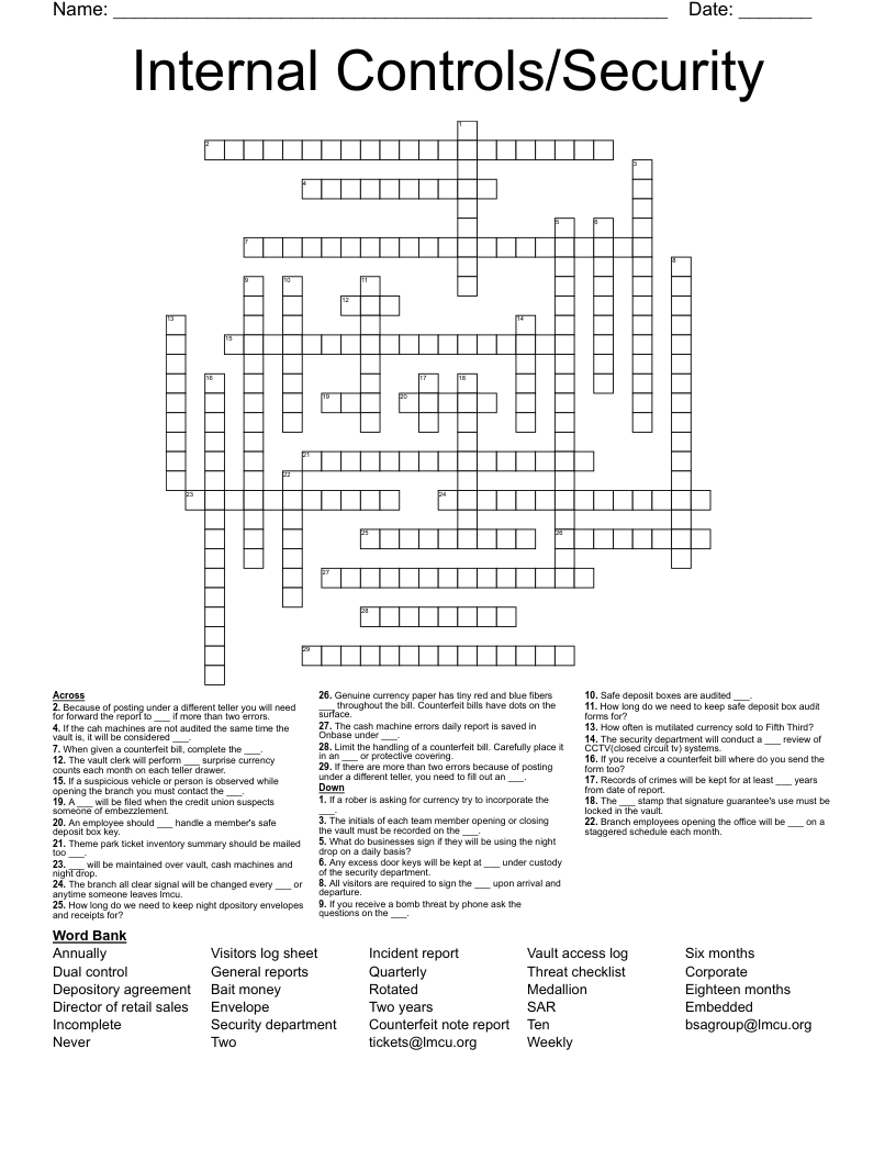 Internal Controls/Security Crossword WordMint