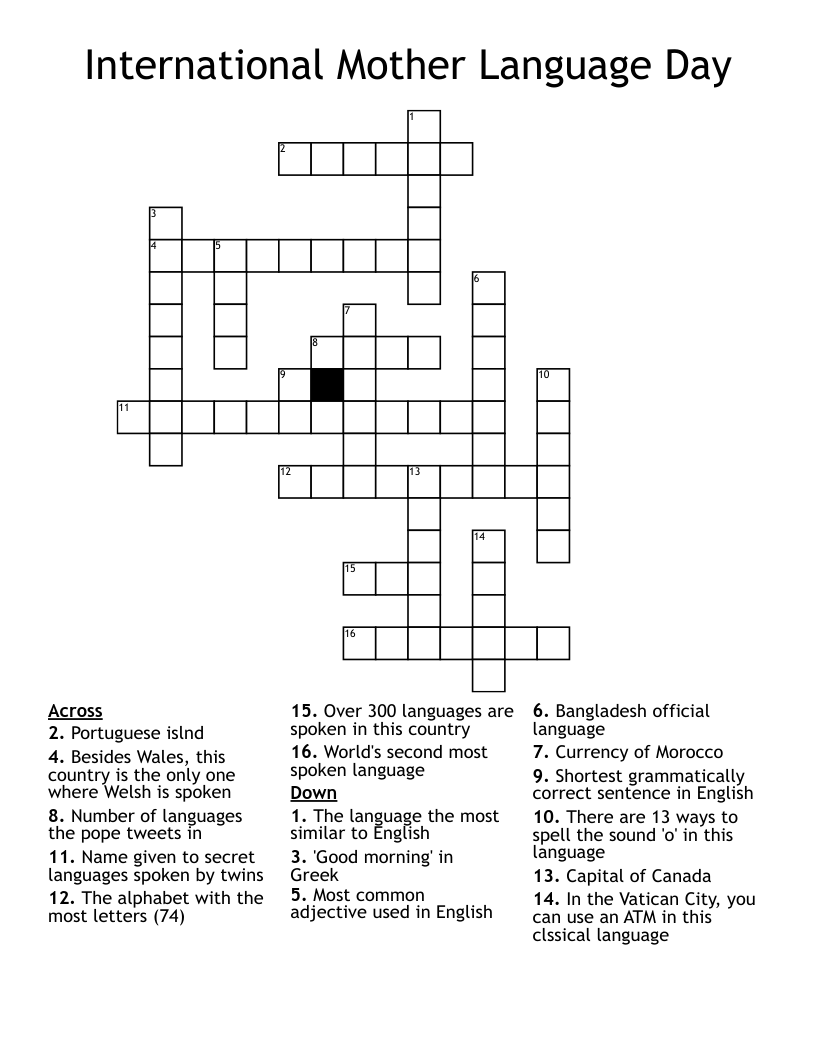 International Mother Language Day Crossword WordMint