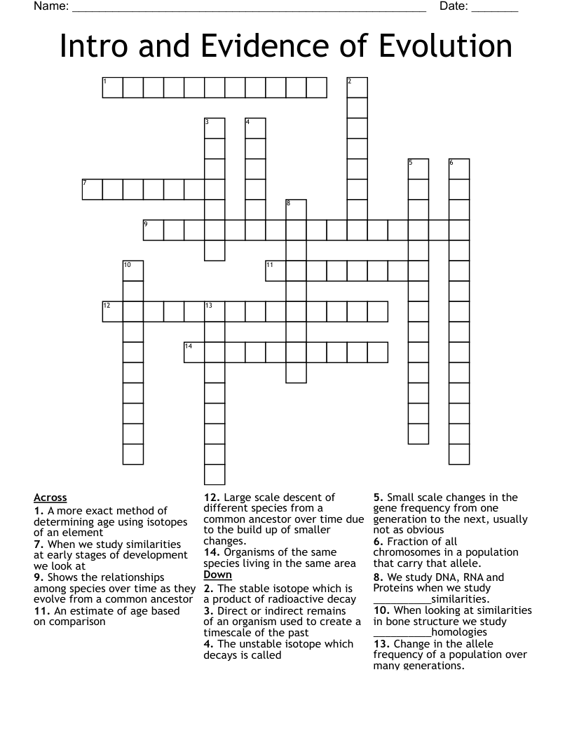 Intro and Evidence of Evolution Crossword WordMint