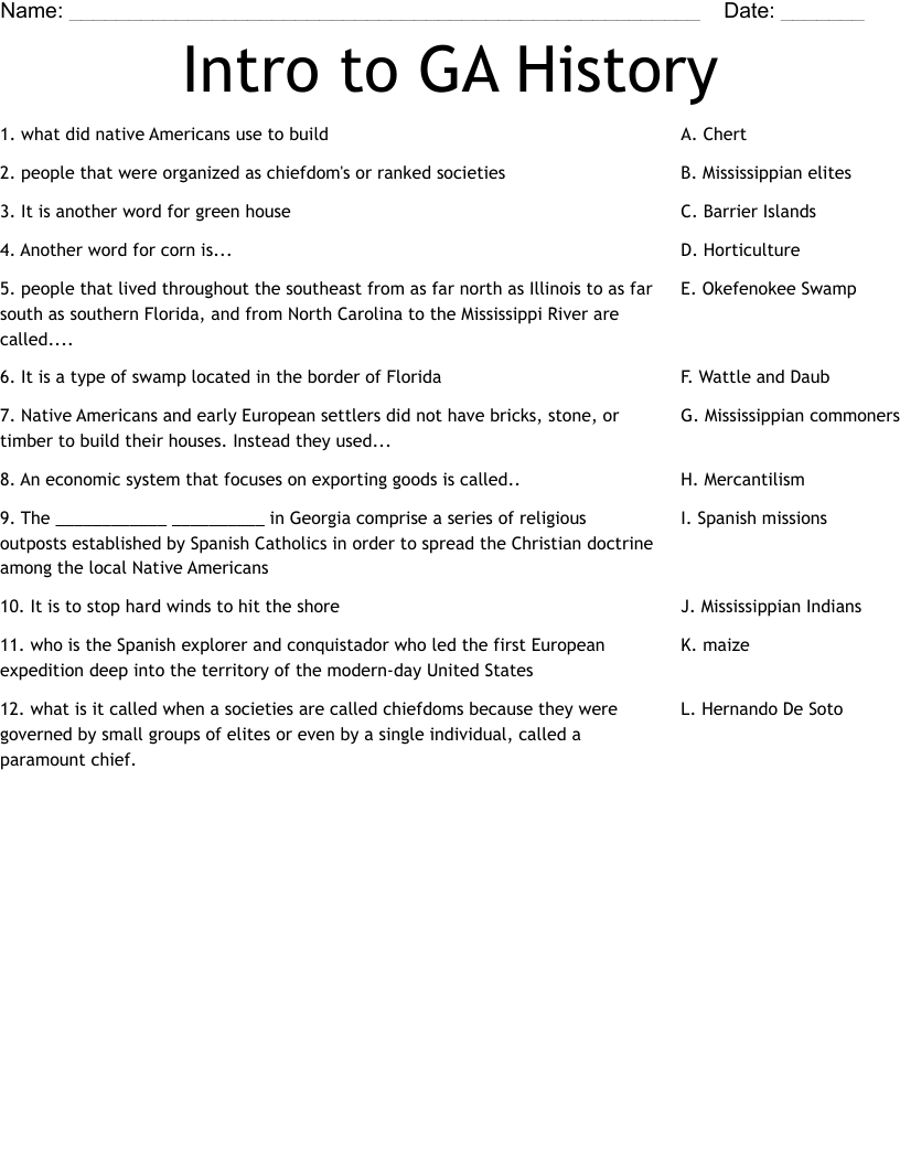 Intro to GA History Worksheet WordMint