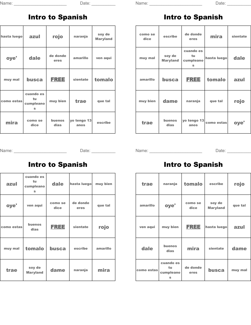 Intro to Spanish Bingo Cards WordMint