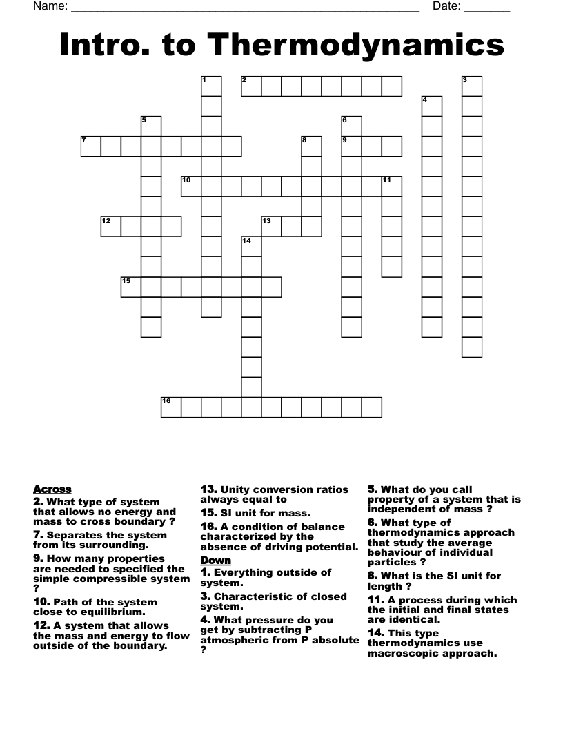 Intro. to Thermodynamics Crossword WordMint