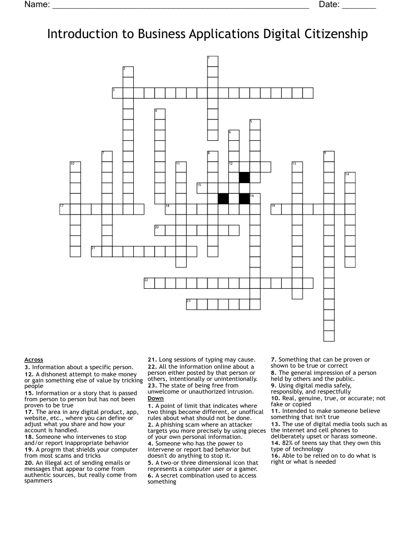 Introduction to Business Applications Digital Citizenship Crossword