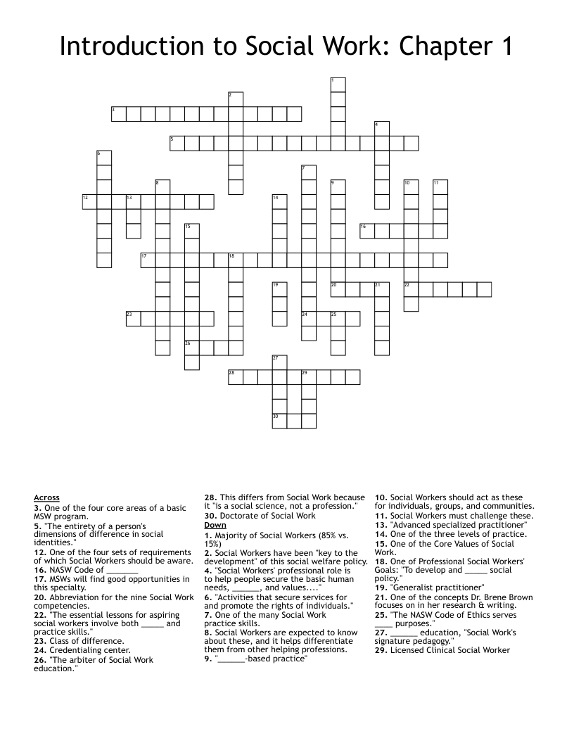 Introduction to Social Work Chapter 1 Crossword WordMint