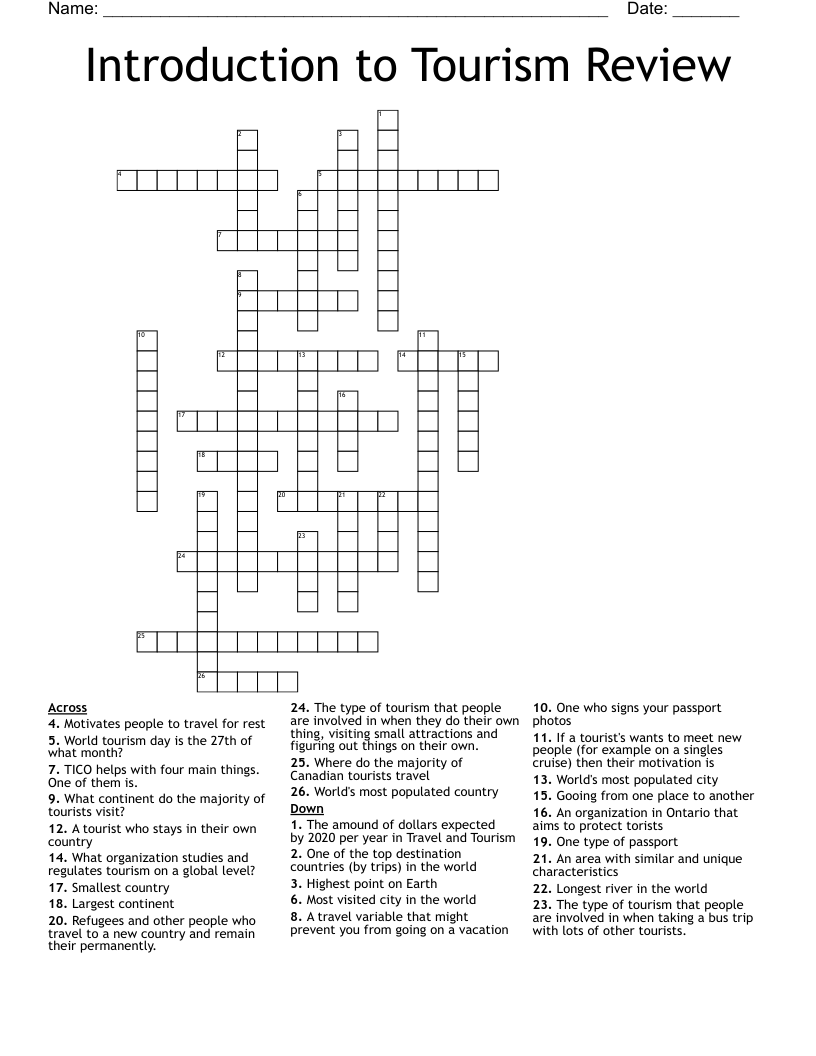 Introduction to Tourism Review Crossword WordMint