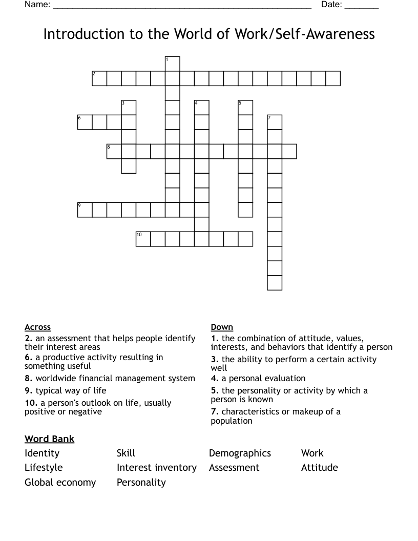 Introduction to the World of Work/SelfAwareness Crossword WordMint