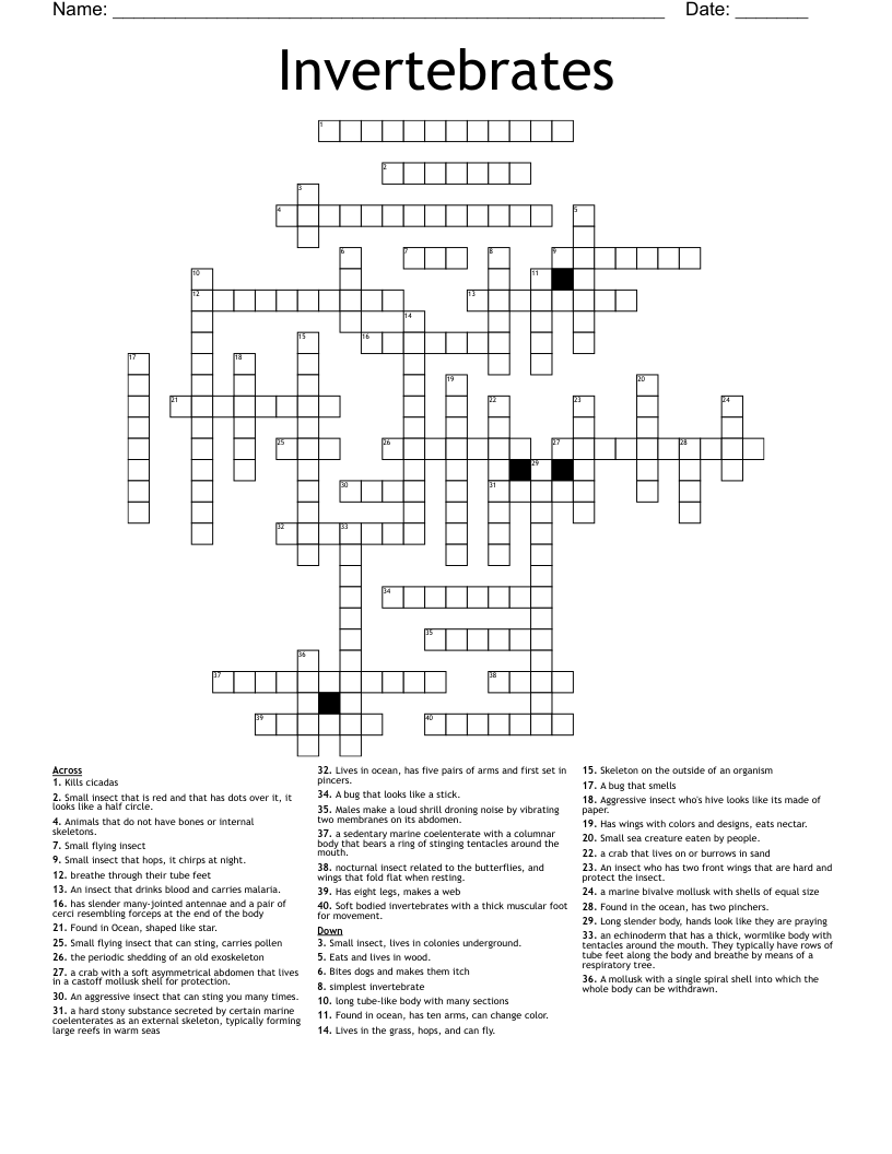 Vertebrates and Invertebrates Crossword WordMint