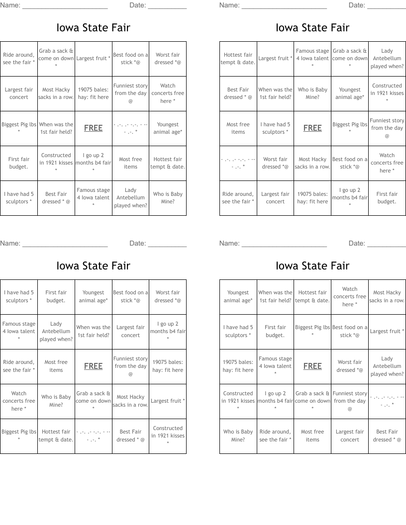 Iowa State Fair Bingo Cards WordMint