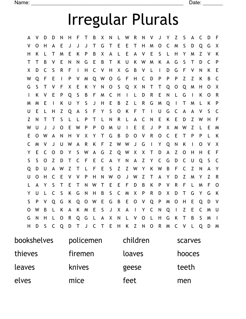 Irregular Plurals Word Search WordMint