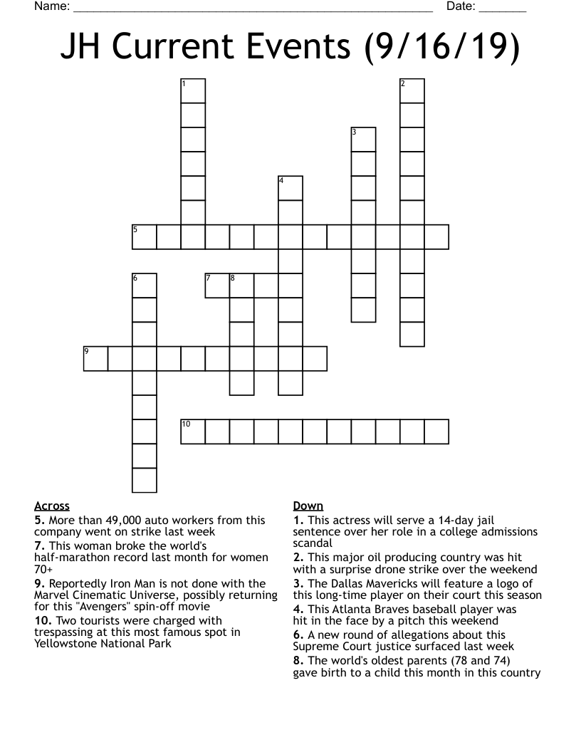 JH Current Events (9/16/19) Crossword WordMint