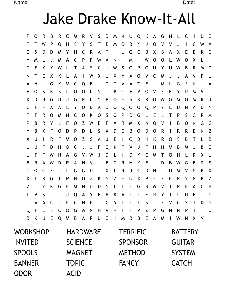 Jake Drake KnowItAll Word Search WordMint