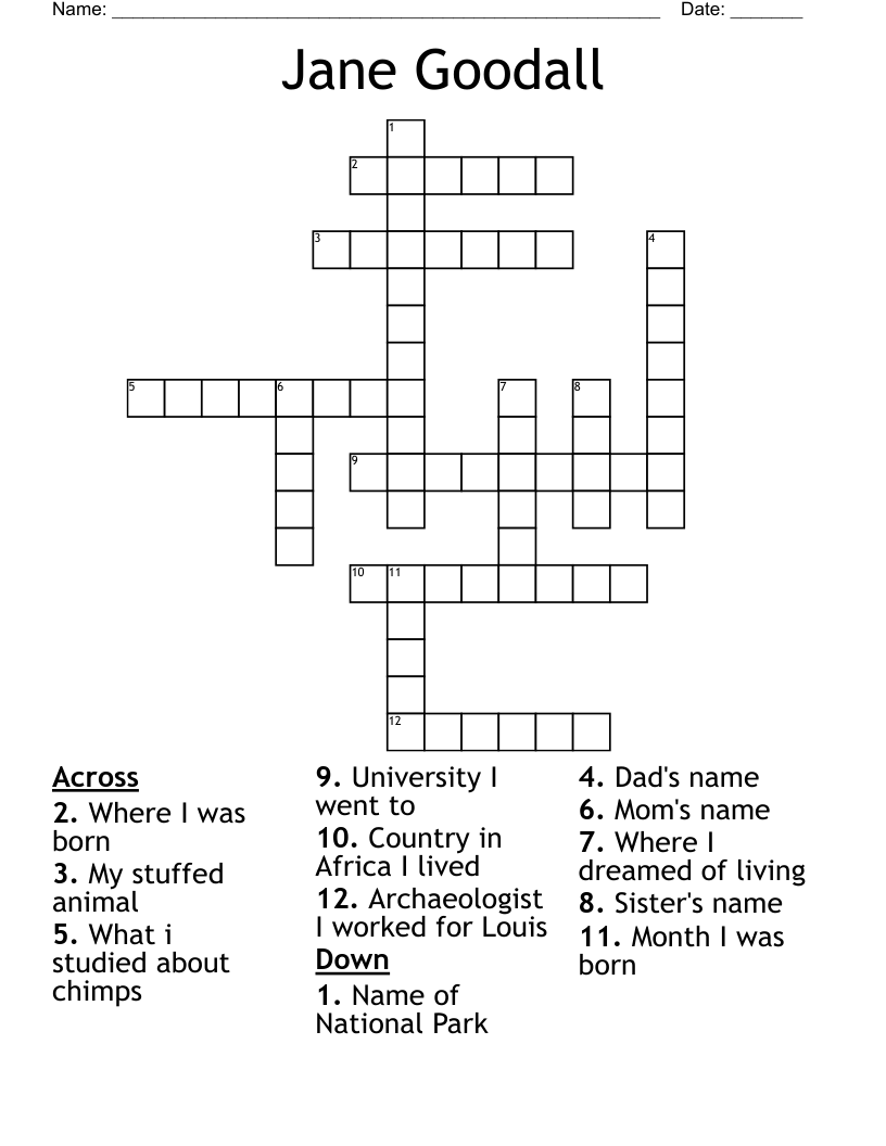 Jane Goodall Word Search WordMint