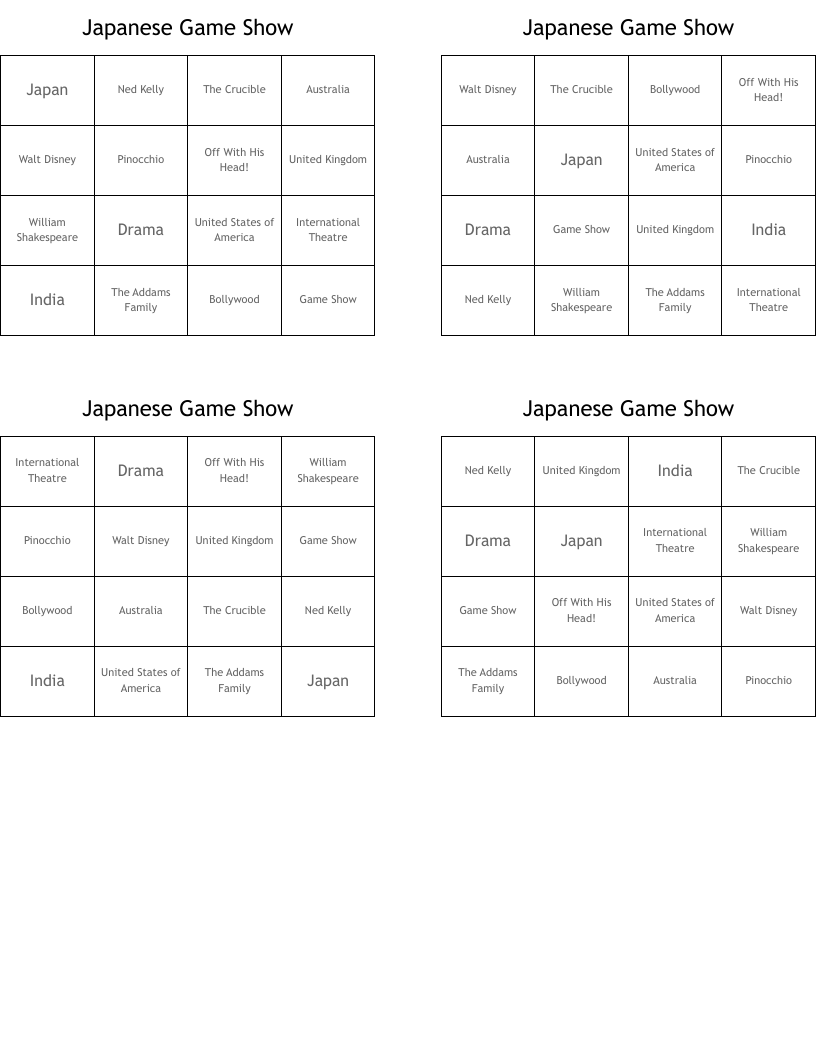 Japanese Game Show Bingo Cards WordMint