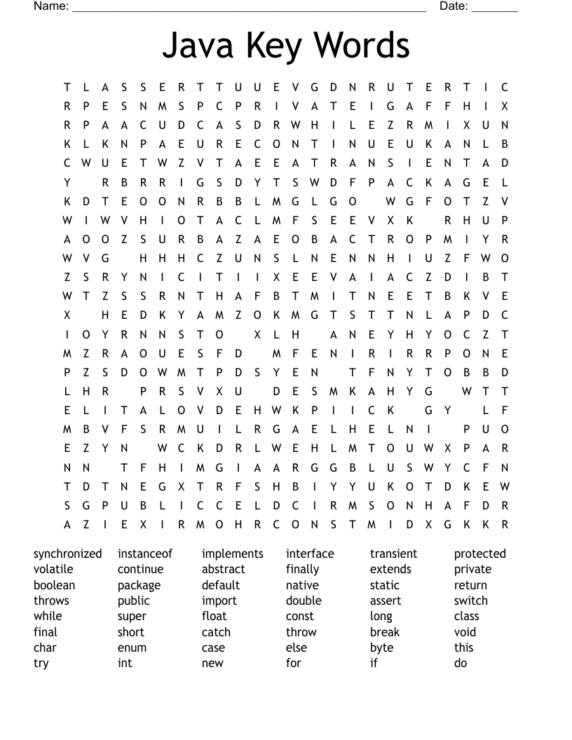 Java Key Words Word Search WordMint