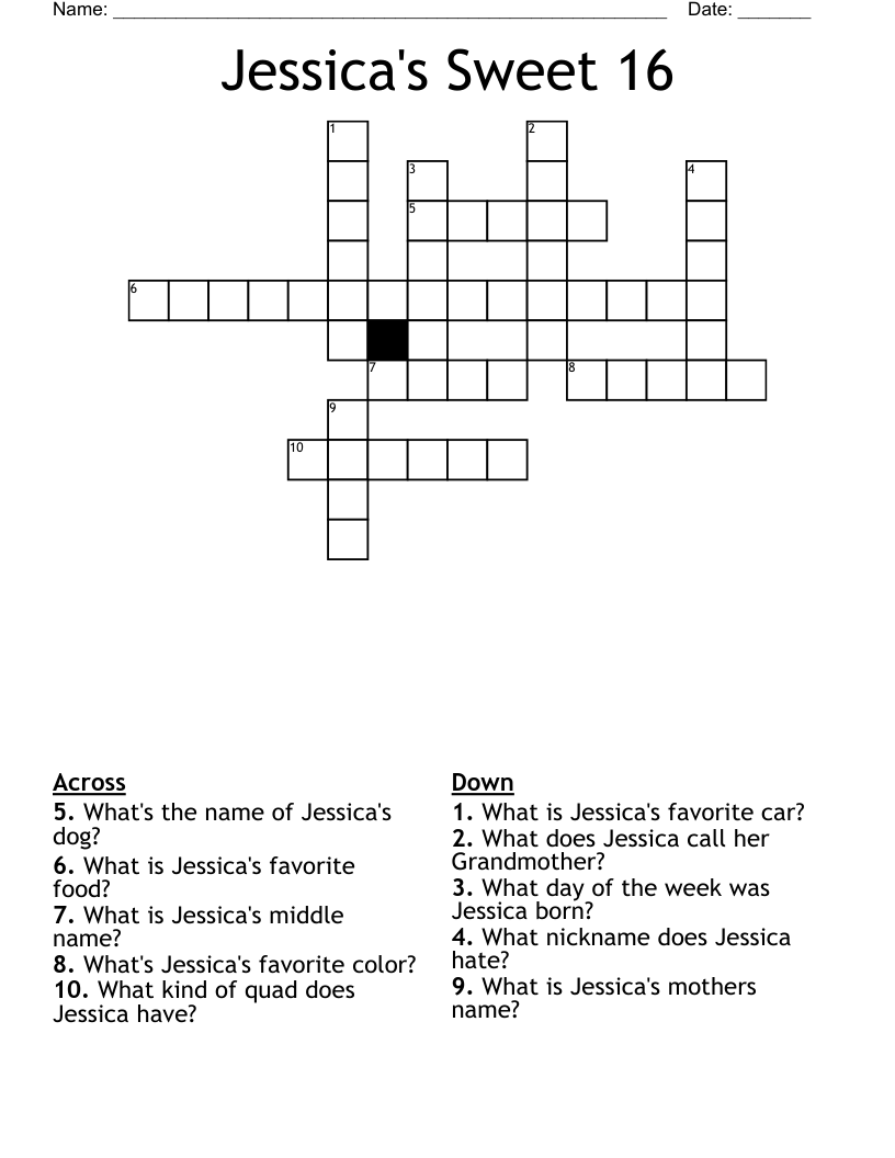 Jessica's Sweet 16 Crossword WordMint