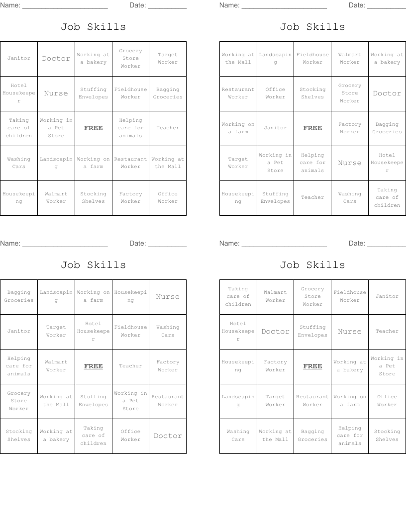 Job Skills Bingo Cards WordMint