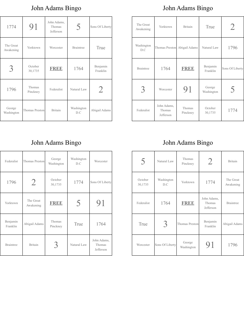 John Adams Bingo WordMint