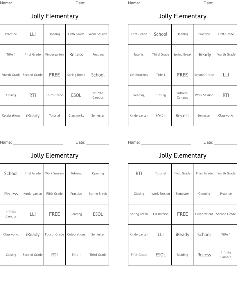 Jolly Elementary Bingo Cards WordMint