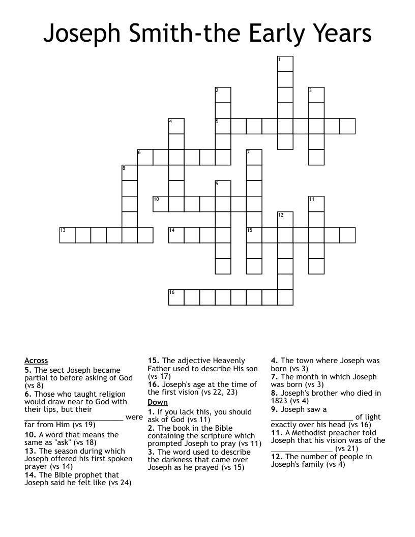 Joseph Smiththe Early Years Crossword WordMint