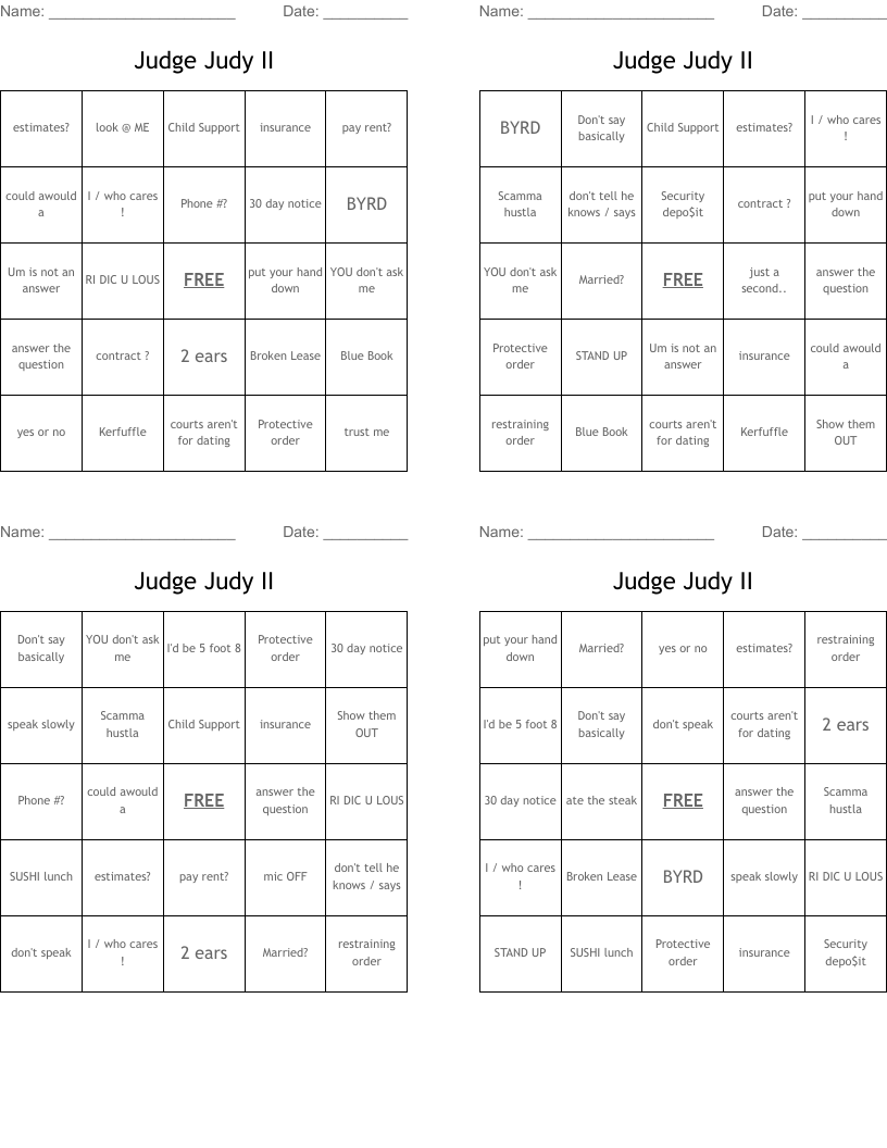 Judge Judy II Bingo Cards WordMint