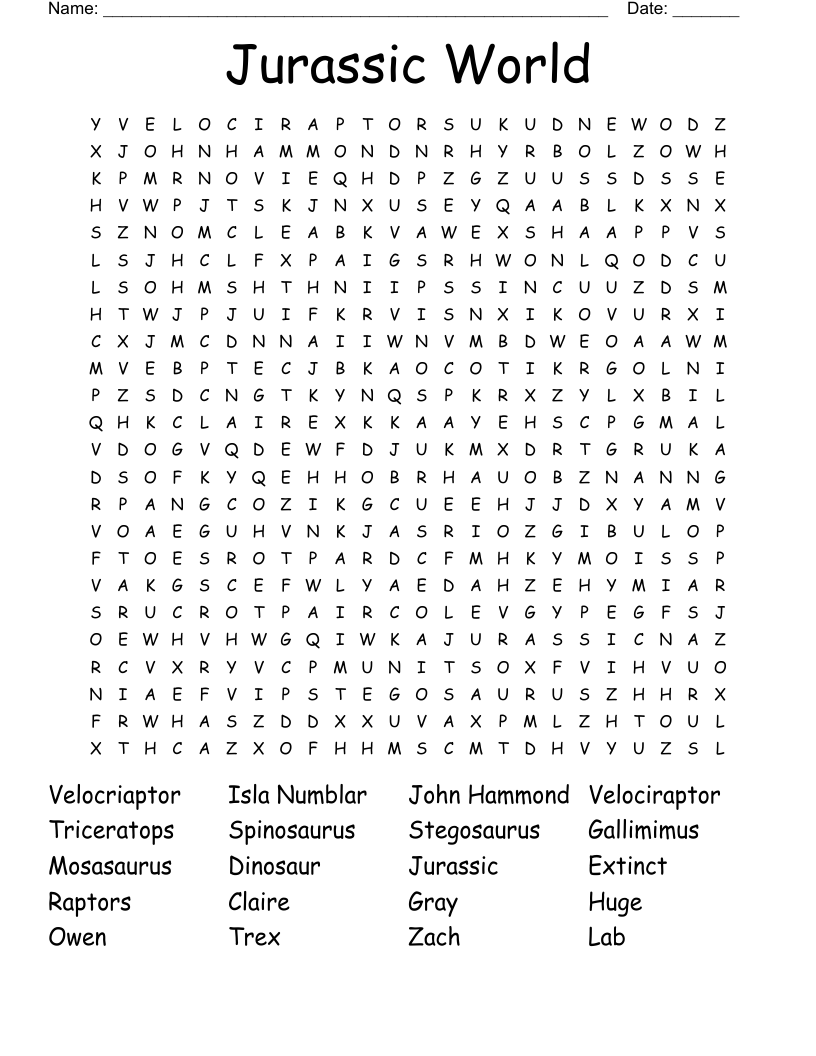 Jurassic World Word Search WordMint