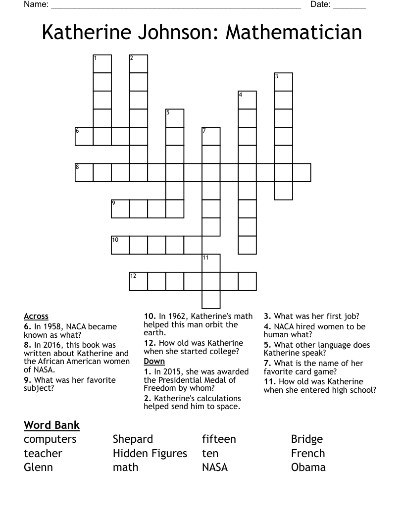 Katherine Johnson Mathematician Crossword WordMint