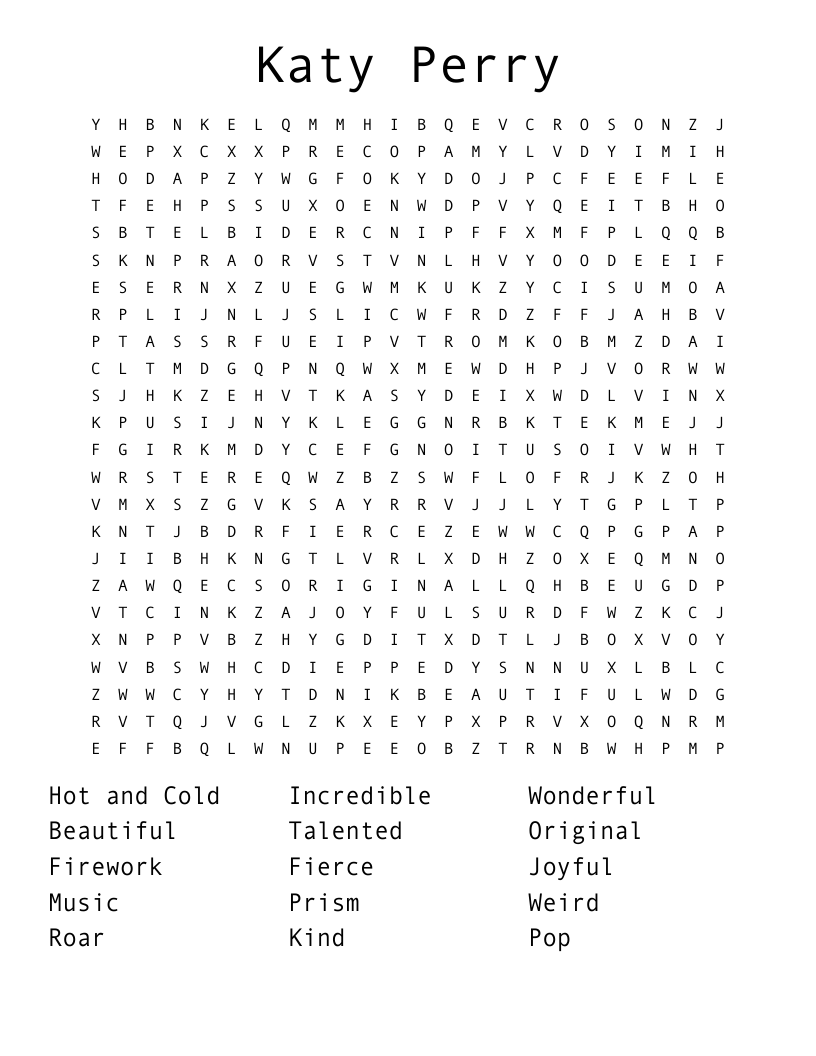 Katy Perry Word Search WordMint