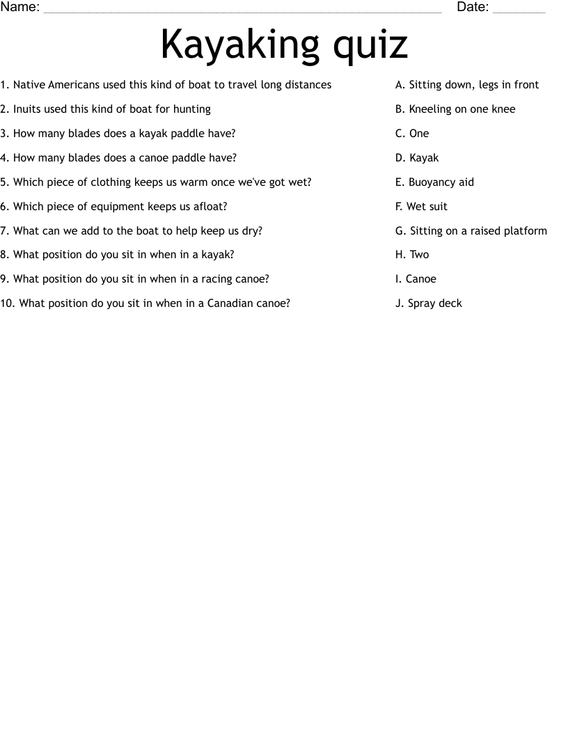 Kayaking quiz Worksheet WordMint