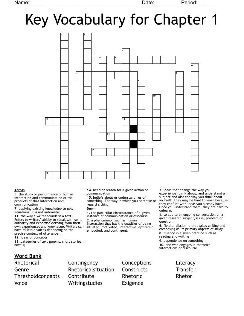 Key Vocabulary for Chapter 1 Crossword WordMint