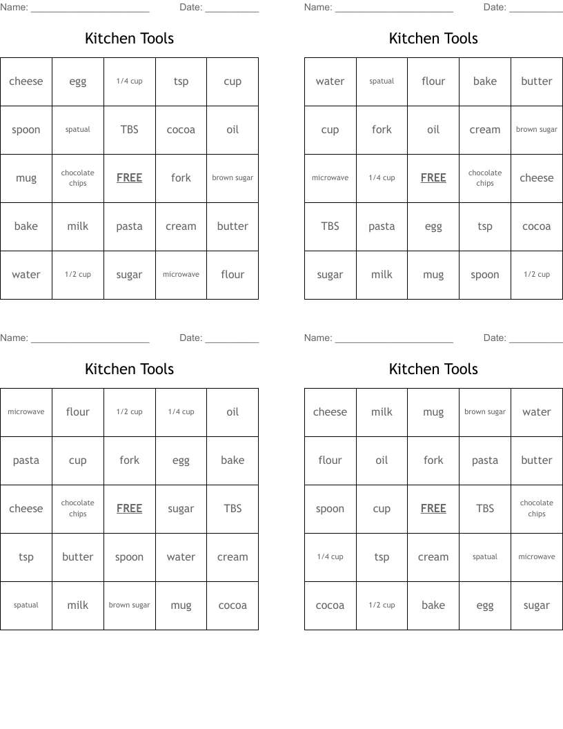 Kitchen Tools Bingo Cards WordMint