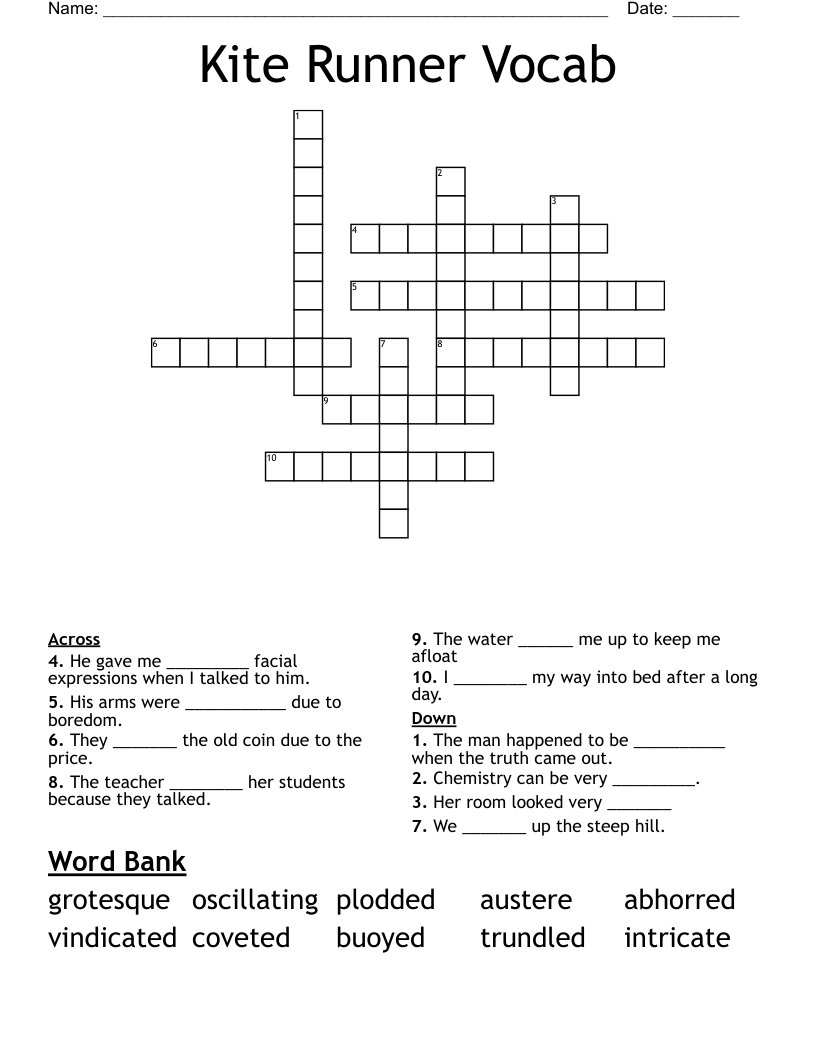 Kite Runner Vocab Crossword WordMint